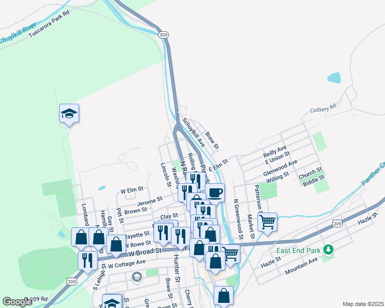 map of restaurants, bars, coffee shops, grocery stores, and more near 509 Rolling Mill Avenue in Tamaqua
