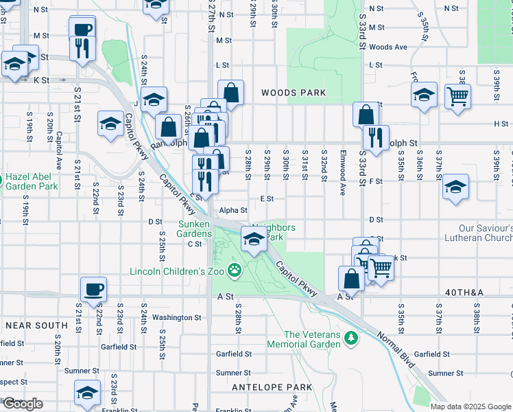 map of restaurants, bars, coffee shops, grocery stores, and more near 2819 E Street in Lincoln