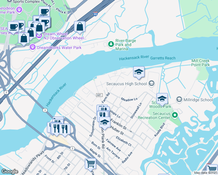 map of restaurants, bars, coffee shops, grocery stores, and more near 1103 Farm Road in Secaucus