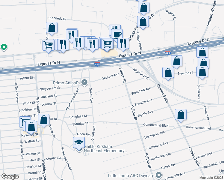 map of restaurants, bars, coffee shops, grocery stores, and more near 14 Dekalb Avenue in Brentwood