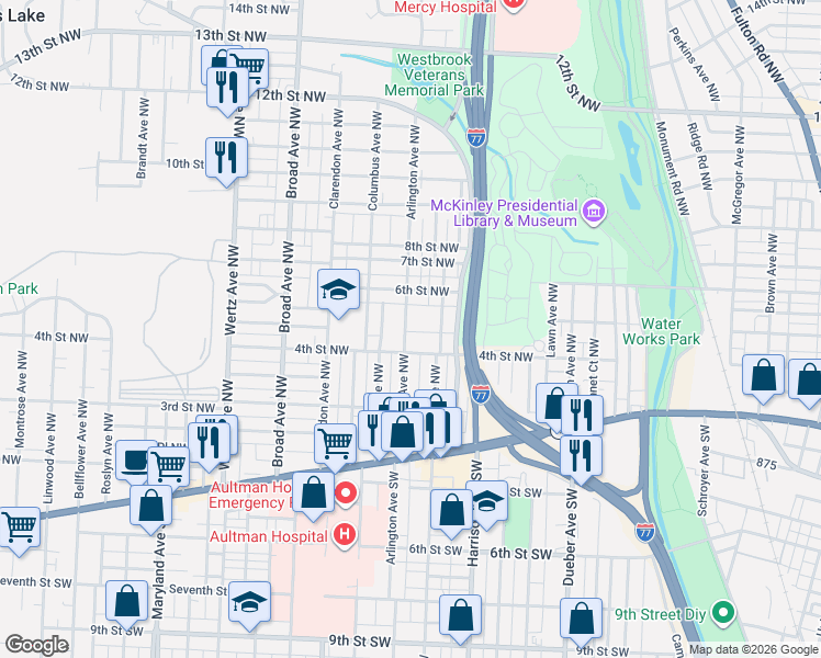 map of restaurants, bars, coffee shops, grocery stores, and more near 424 Arlington Avenue Northwest in Canton