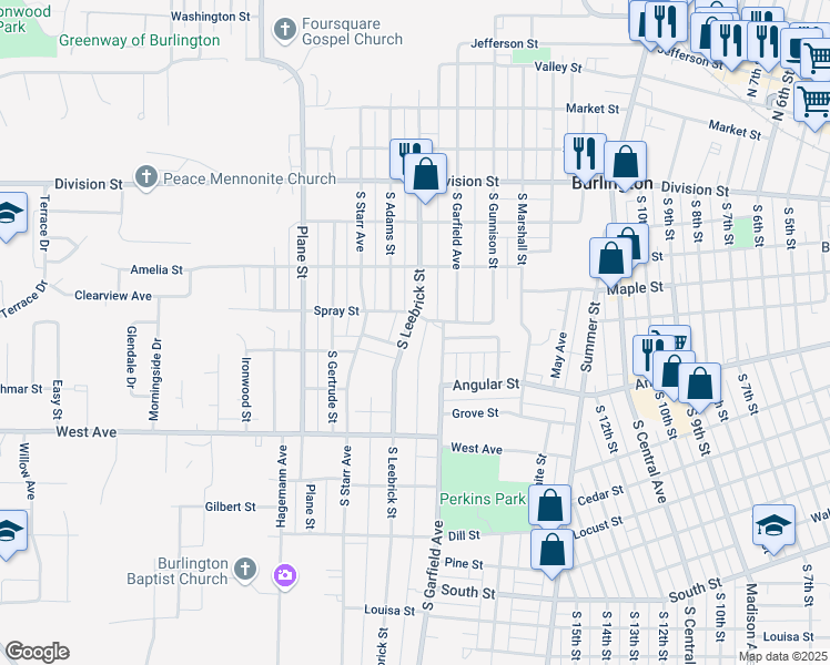 map of restaurants, bars, coffee shops, grocery stores, and more near 628 South Leebrick Street in Burlington