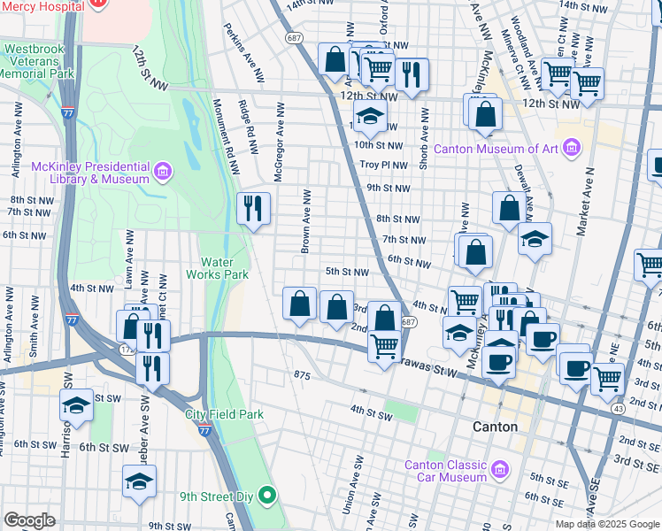 map of restaurants, bars, coffee shops, grocery stores, and more near 1136 5th Street Northwest in Canton