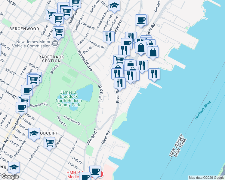 map of restaurants, bars, coffee shops, grocery stores, and more near 8700 Boulevard East in North Bergen