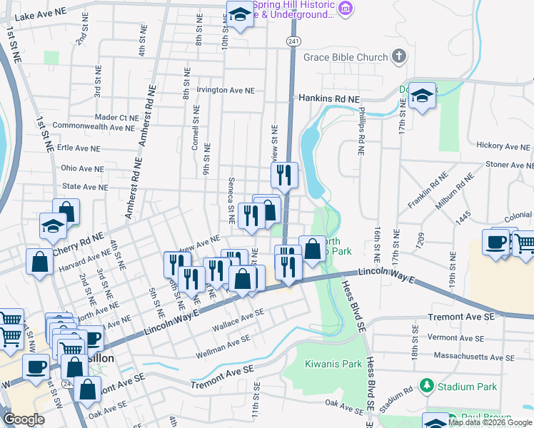 map of restaurants, bars, coffee shops, grocery stores, and more near 431 11th Street Northeast in Massillon