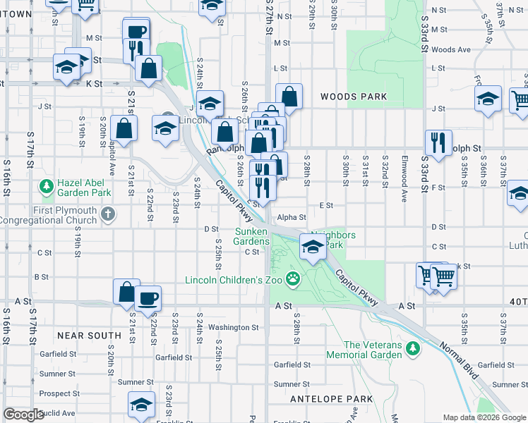 map of restaurants, bars, coffee shops, grocery stores, and more near 1057 South 27th Street in Lincoln