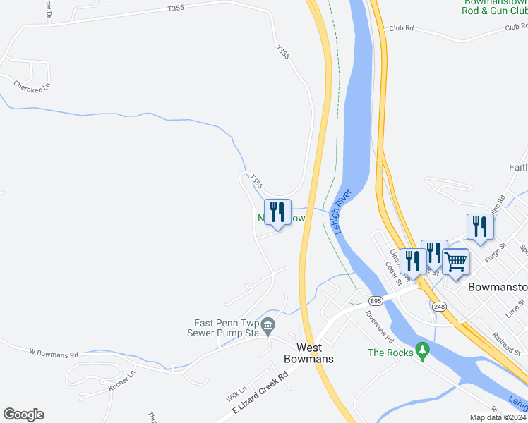 map of restaurants, bars, coffee shops, grocery stores, and more near 488 South Dieters Hill Road in Lehighton
