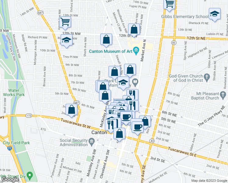 map of restaurants, bars, coffee shops, grocery stores, and more near 700 McKinley Avenue Northwest in Canton