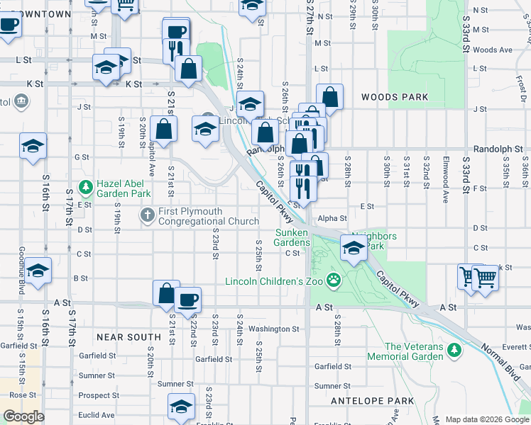 map of restaurants, bars, coffee shops, grocery stores, and more near 2507 E Street in Lincoln