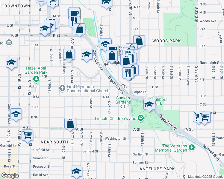 map of restaurants, bars, coffee shops, grocery stores, and more near 2507 E Street in Lincoln