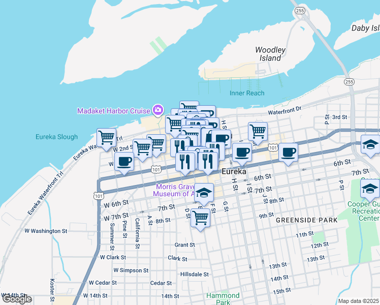 map of restaurants, bars, coffee shops, grocery stores, and more near 333 E Street in Eureka
