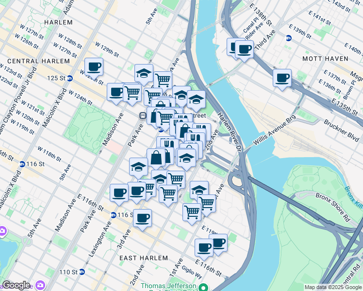 map of restaurants, bars, coffee shops, grocery stores, and more near 224 East 125th Street in New York