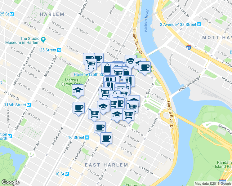 map of restaurants, bars, coffee shops, grocery stores, and more near 111 East 123rd Street in New York