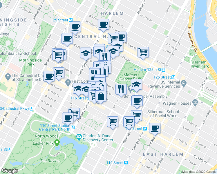 map of restaurants, bars, coffee shops, grocery stores, and more near 52 West 119th Street in New York