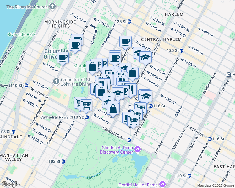 map of restaurants, bars, coffee shops, grocery stores, and more near 252 West 115th Street in New York