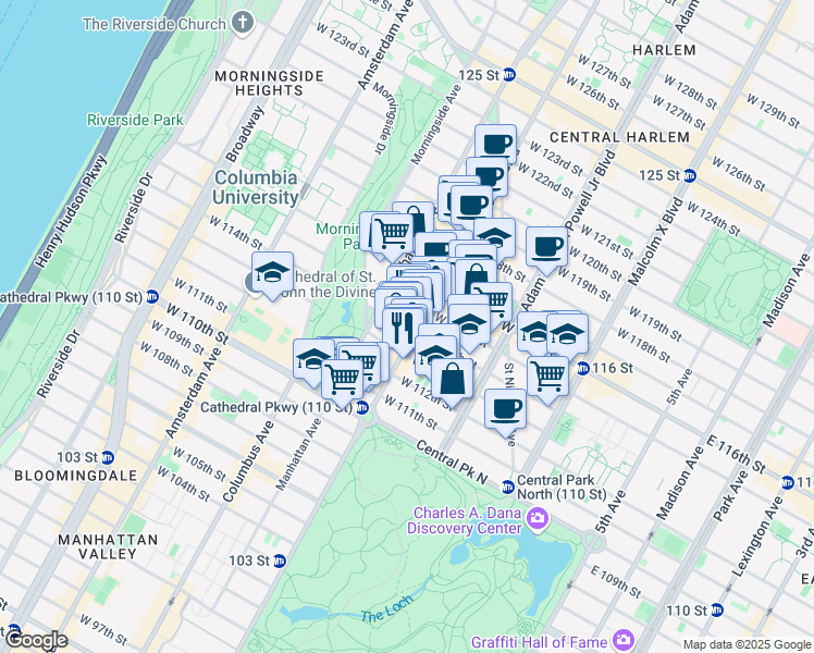 map of restaurants, bars, coffee shops, grocery stores, and more near 281 West 114th Street in New York