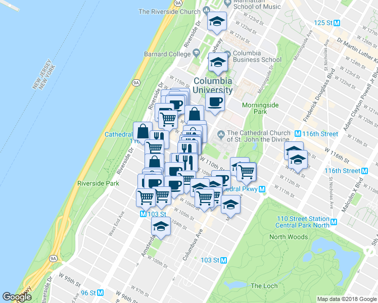 map of restaurants, bars, coffee shops, grocery stores, and more near in New York