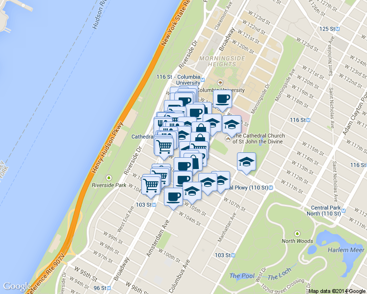 map of restaurants, bars, coffee shops, grocery stores, and more near 244 West 109th Street in New York
