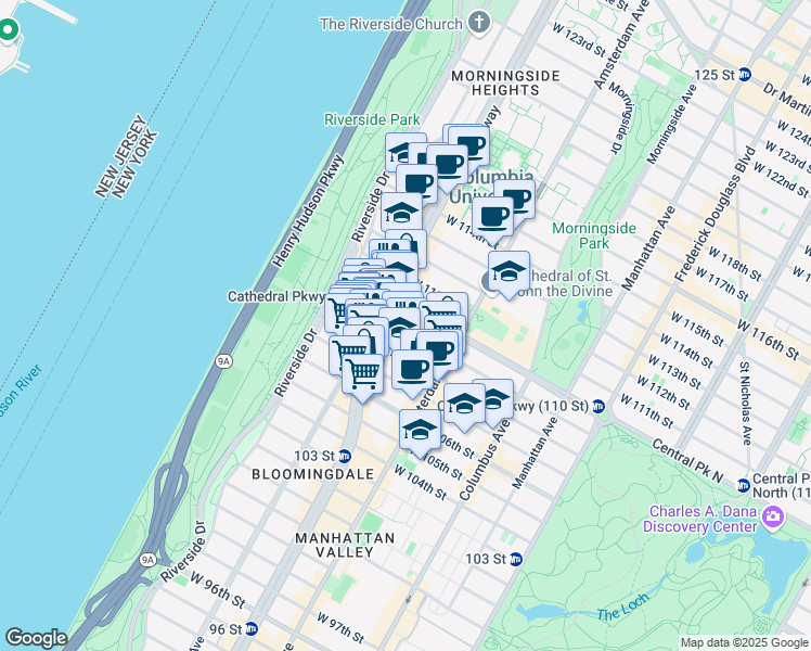 map of restaurants, bars, coffee shops, grocery stores, and more near 244 West 109th Street in New York