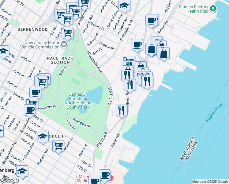 map of restaurants, bars, coffee shops, grocery stores, and more near 8700 Boulevard East in North Bergen