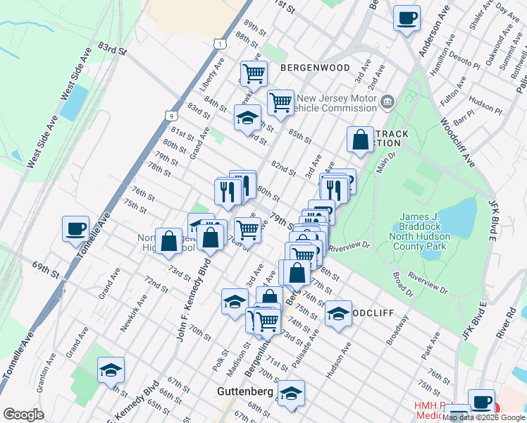 map of restaurants, bars, coffee shops, grocery stores, and more near 901 79th Street in North Bergen