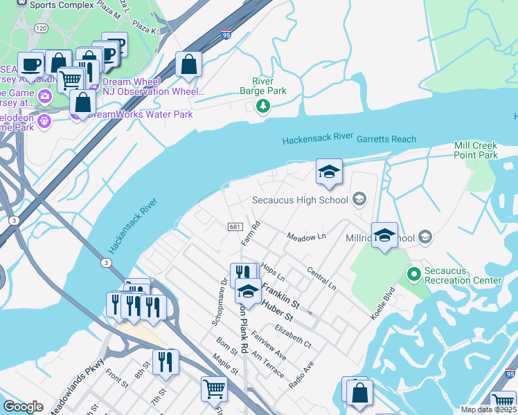 map of restaurants, bars, coffee shops, grocery stores, and more near 1103 Farm Road in Secaucus