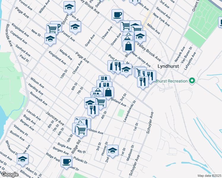 map of restaurants, bars, coffee shops, grocery stores, and more near 590 Ridge Road in Lyndhurst