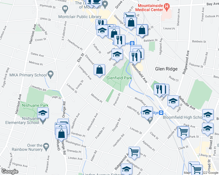 map of restaurants, bars, coffee shops, grocery stores, and more near 7 Wheeler Street in Montclair