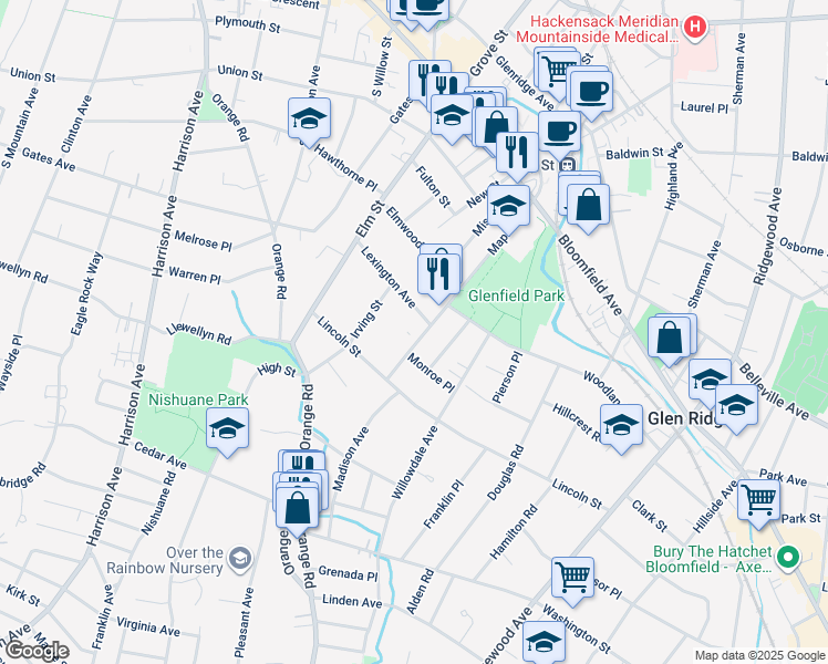 map of restaurants, bars, coffee shops, grocery stores, and more near 115 Maple Avenue in Montclair