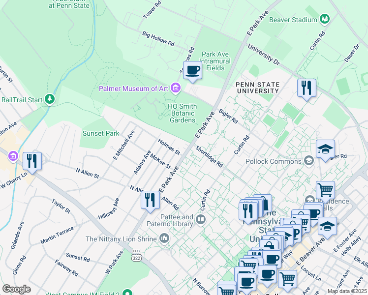 map of restaurants, bars, coffee shops, grocery stores, and more near 520 Holmes Street in State College