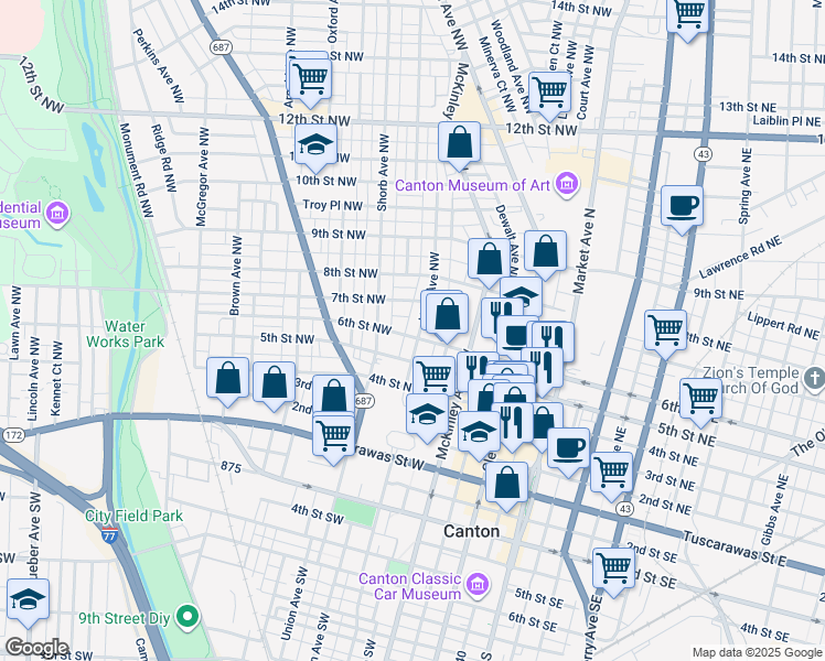 map of restaurants, bars, coffee shops, grocery stores, and more near 517 High Avenue Northwest in Canton