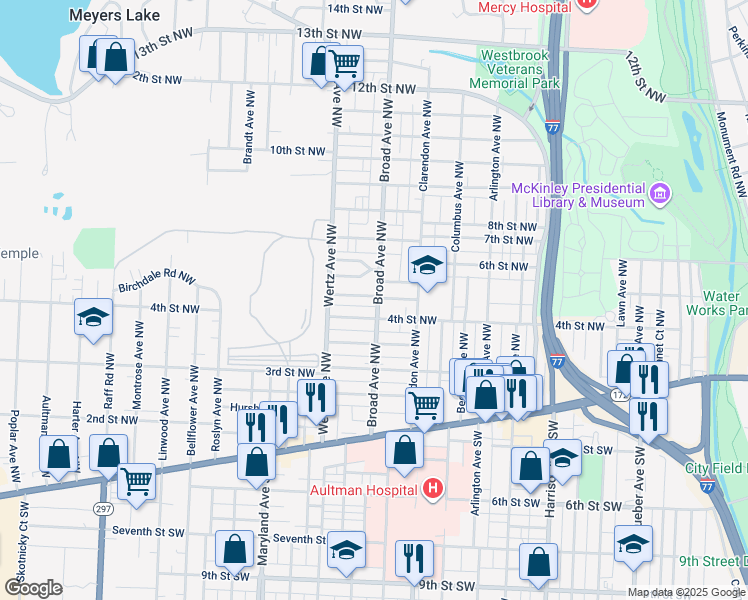 map of restaurants, bars, coffee shops, grocery stores, and more near 408 Broad Avenue Northwest in Canton
