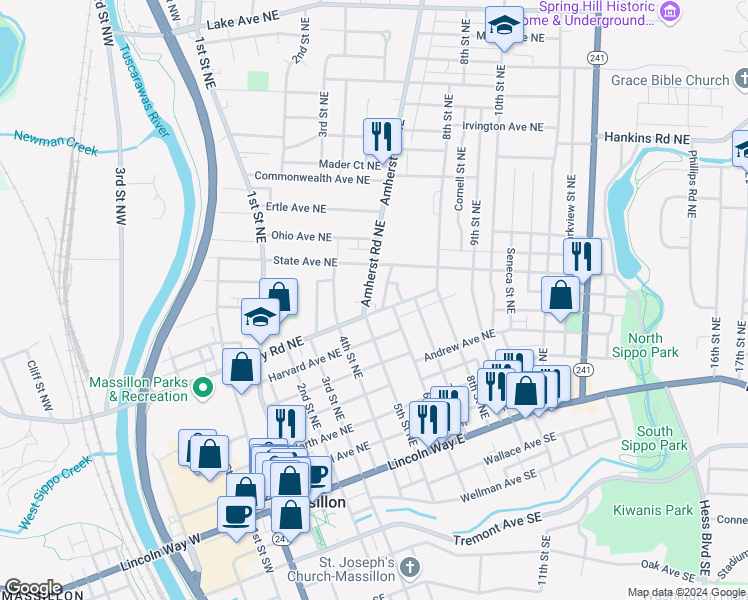 map of restaurants, bars, coffee shops, grocery stores, and more near 514 Cherry Road Northeast in Massillon