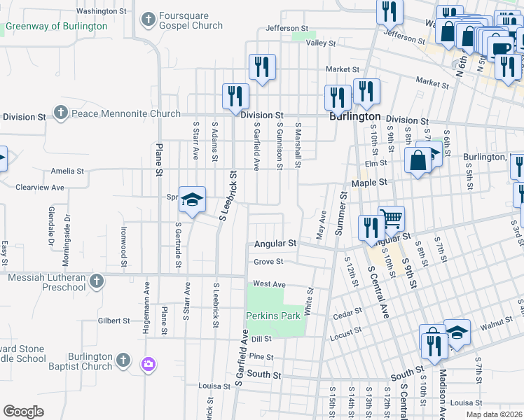 map of restaurants, bars, coffee shops, grocery stores, and more near 1451 Cleveland Ave in Burlington