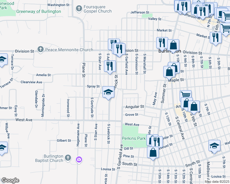 map of restaurants, bars, coffee shops, grocery stores, and more near 628 South Leebrick Street in Burlington