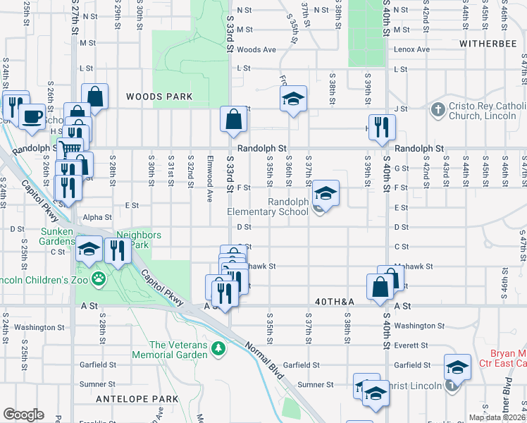 map of restaurants, bars, coffee shops, grocery stores, and more near 1029 South 35th Street in Lincoln