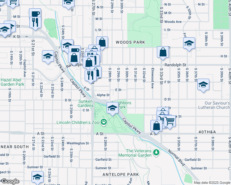 map of restaurants, bars, coffee shops, grocery stores, and more near 2819 E Street in Lincoln