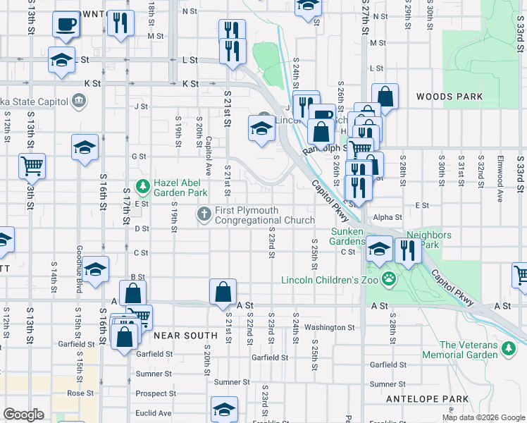 map of restaurants, bars, coffee shops, grocery stores, and more near 2222 D Street in Lincoln