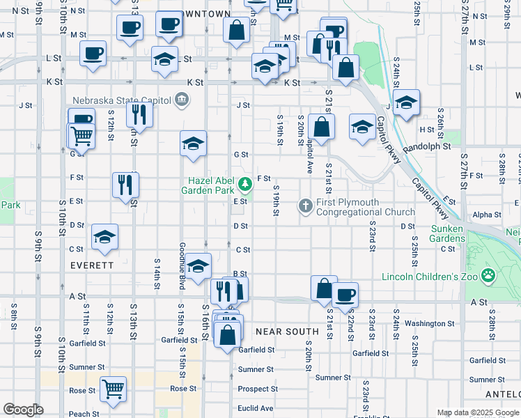 map of restaurants, bars, coffee shops, grocery stores, and more near 1826 D Street in Lincoln
