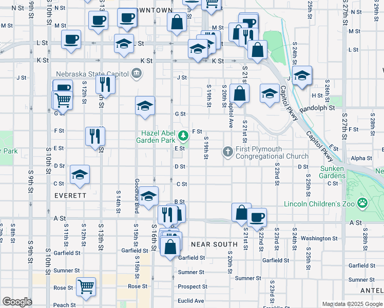 map of restaurants, bars, coffee shops, grocery stores, and more near 1826 D Street in Lincoln