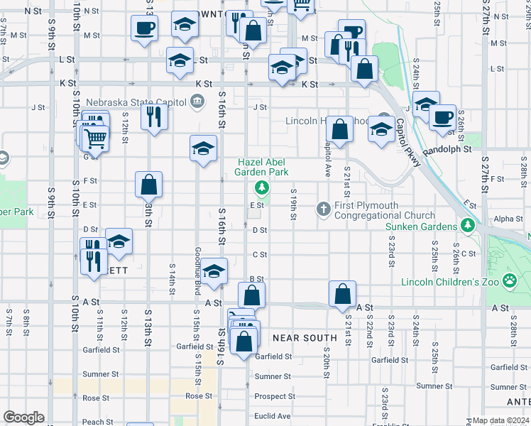map of restaurants, bars, coffee shops, grocery stores, and more near 1730 D Street in Lincoln