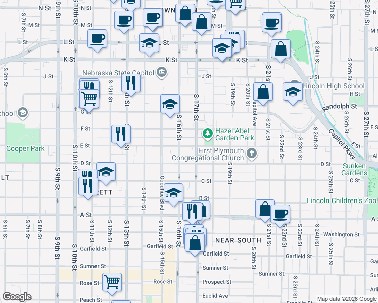 map of restaurants, bars, coffee shops, grocery stores, and more near in Lincoln