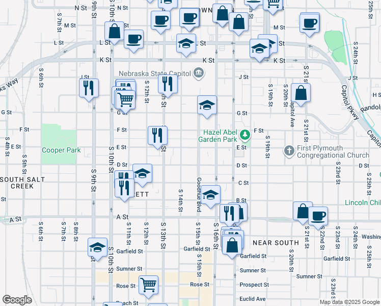 map of restaurants, bars, coffee shops, grocery stores, and more near 1422 D Street in Lincoln