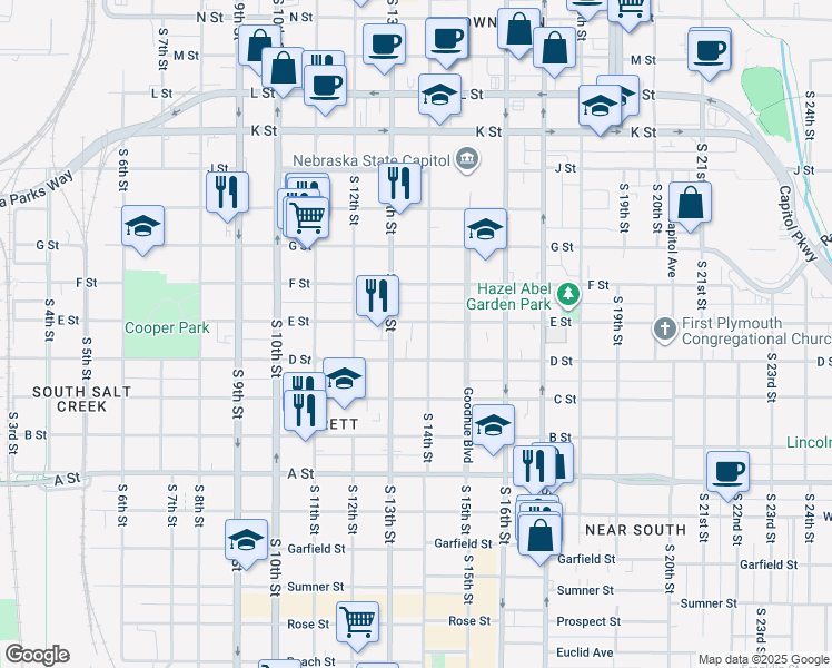 map of restaurants, bars, coffee shops, grocery stores, and more near 1326 D Street in Lincoln