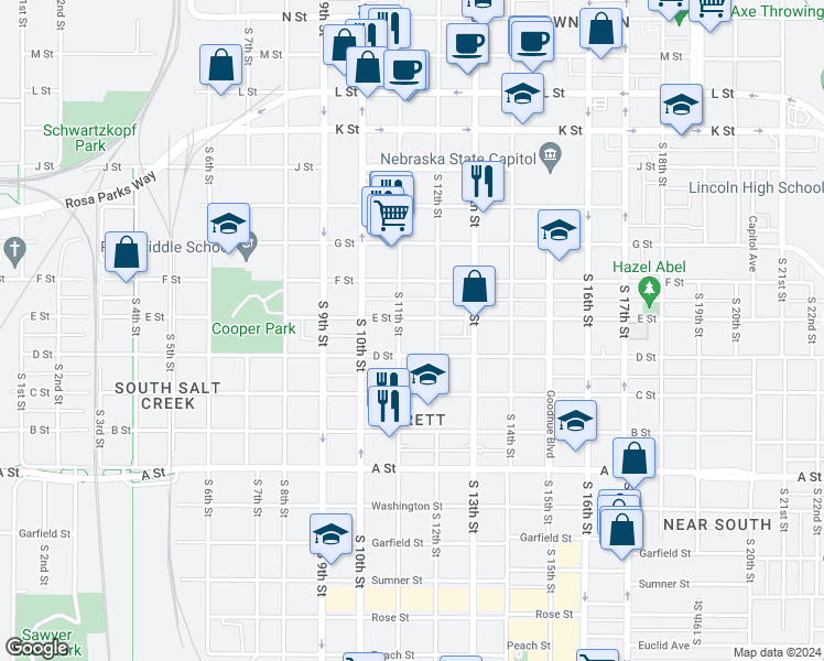map of restaurants, bars, coffee shops, grocery stores, and more near 1116 D Street in Lincoln