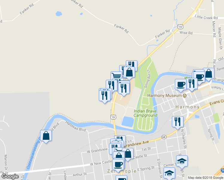 map of restaurants, bars, coffee shops, grocery stores, and more near 114 U.S. 19 in Harmony