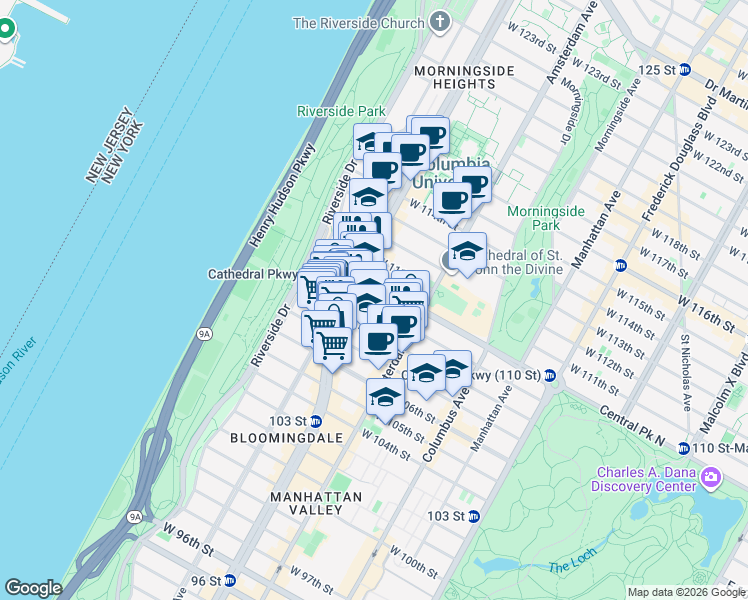 map of restaurants, bars, coffee shops, grocery stores, and more near 244 West 109th Street in New York