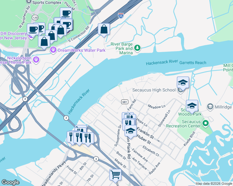 map of restaurants, bars, coffee shops, grocery stores, and more near 1631 Paterson Plank Road in Secaucus