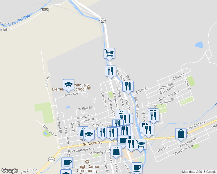 map of restaurants, bars, coffee shops, grocery stores, and more near 513 Washington Street in Tamaqua