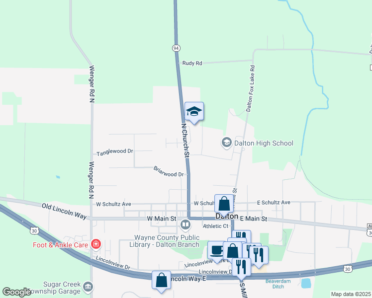 map of restaurants, bars, coffee shops, grocery stores, and more near North Church Street in Dalton